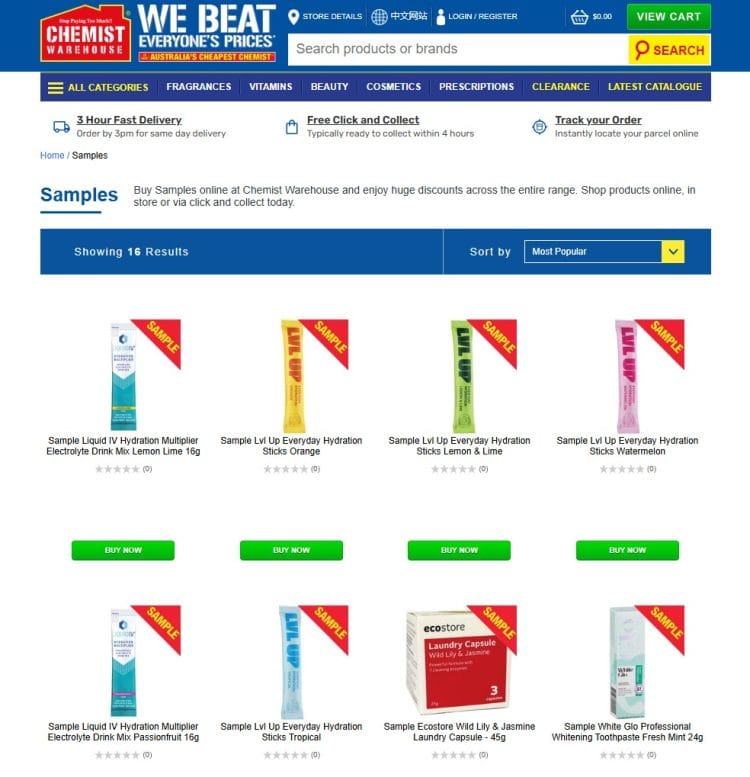 Chemist Warehouse: free samples when you spend over $30