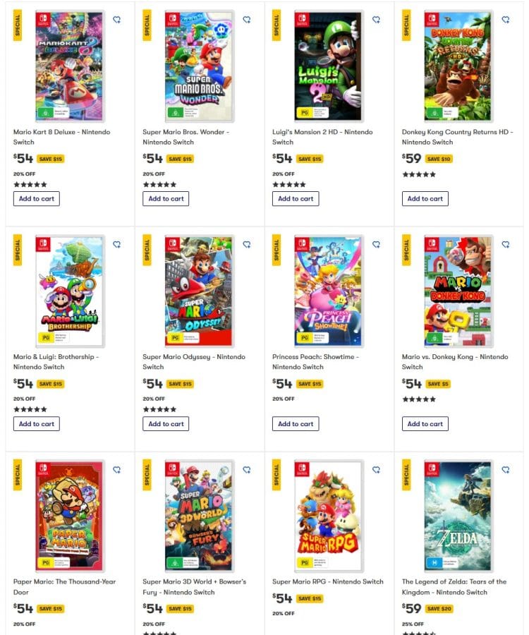 Big W: Nintendo Switch Mario games 20% off