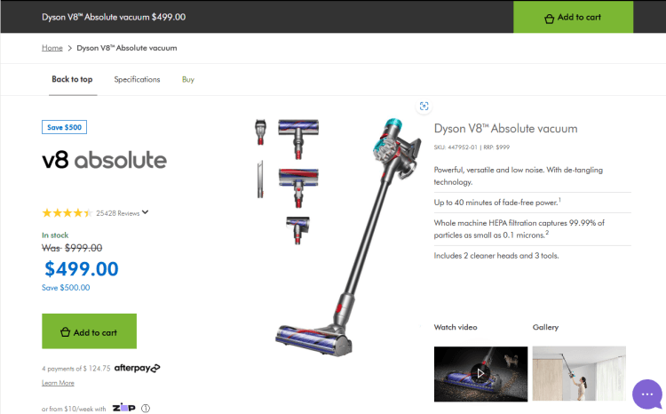 Dyson: Dyson V8 Absolute Cordless Vacuum – was $999, now $499