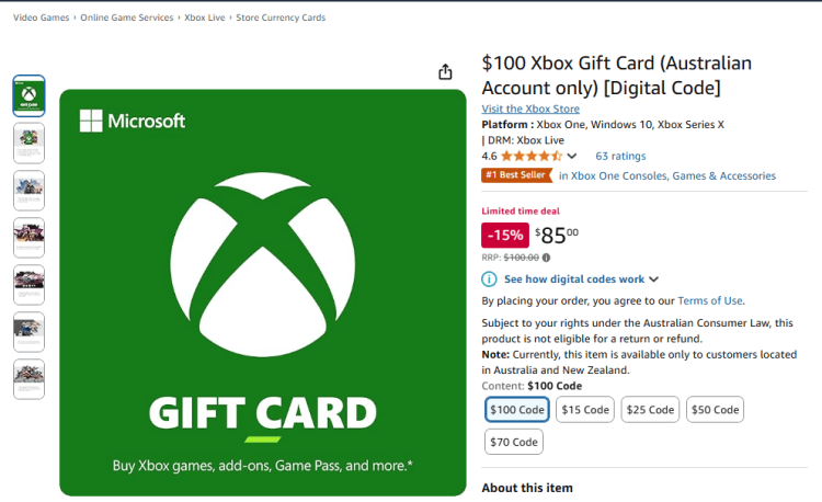 Amazon: Xbox Gift Card, 15% off