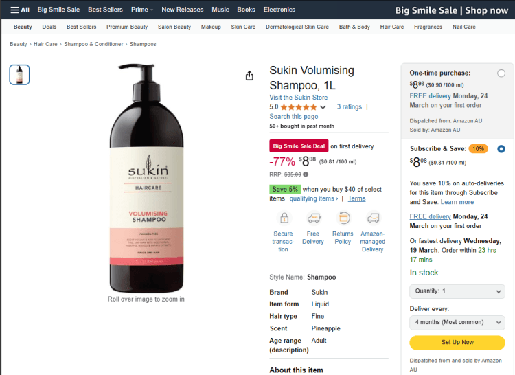 Amazon: Sukin Volumising Shampoo 1L – 77% off now $8.08 (S&S)