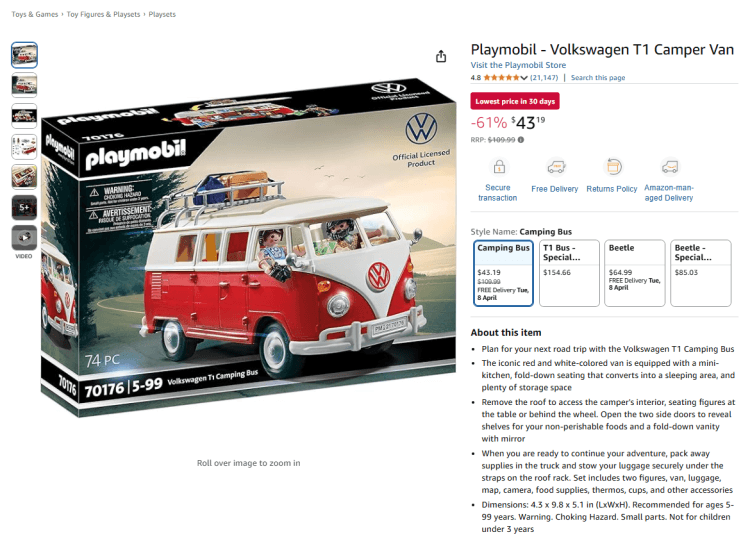Amazon: Playmobil – Volkswagen T1 Camper Van, now $43.19