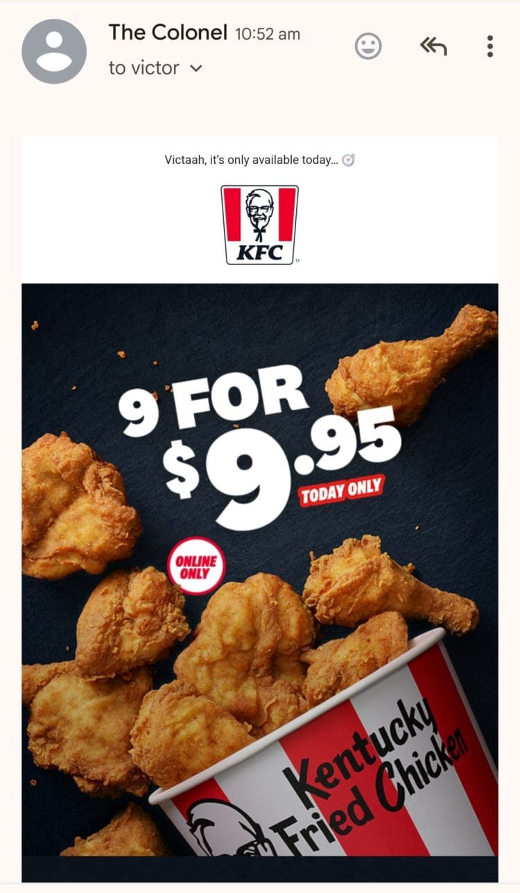 KFC: 9 for $9.95 original recipe chicken (15 Apr 2025)