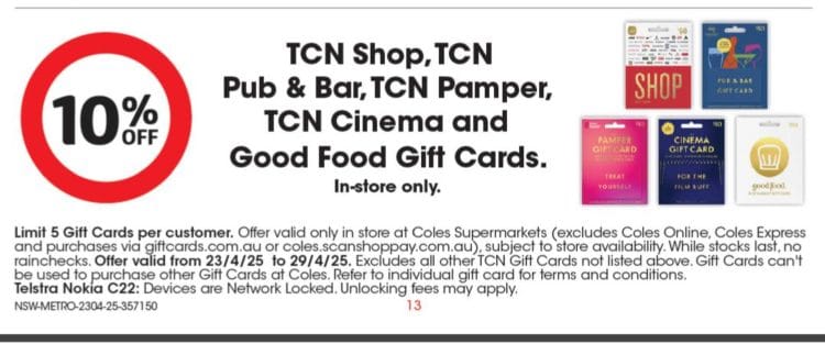 Coles: TCN Gift Cards 10% off