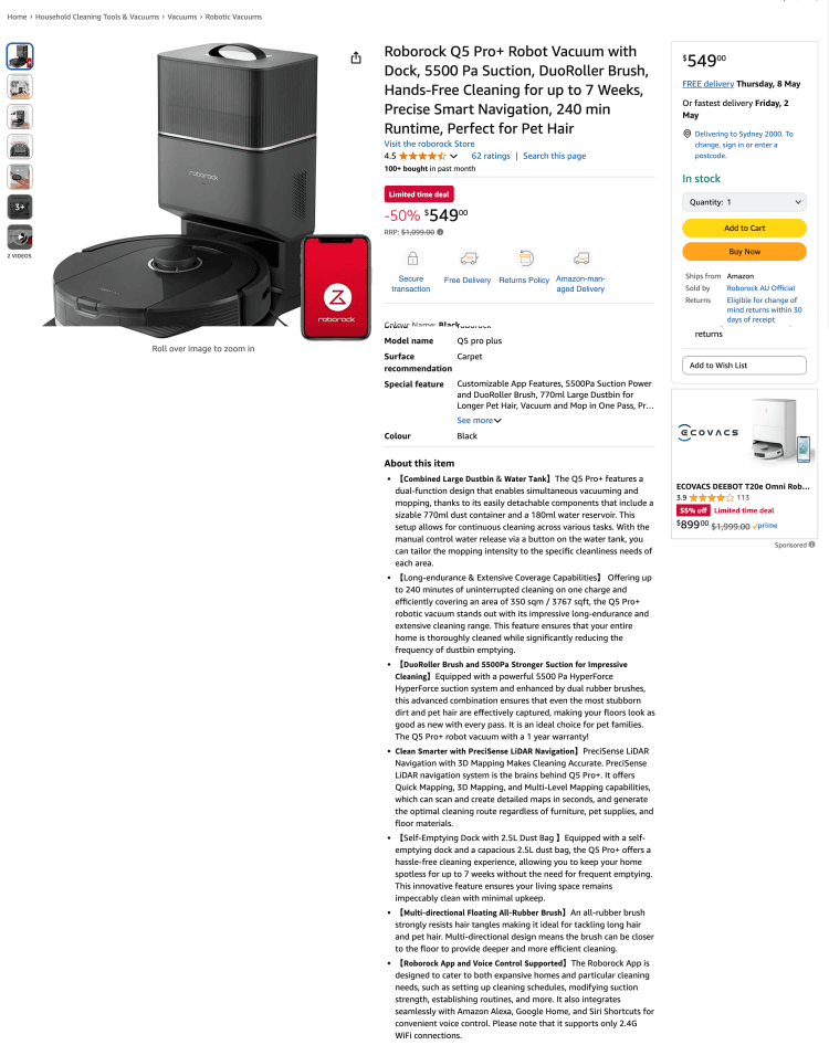 Amazon: Roborock Q5 Pro+ Robot Vacuum with Dock – $549 – 50% Off