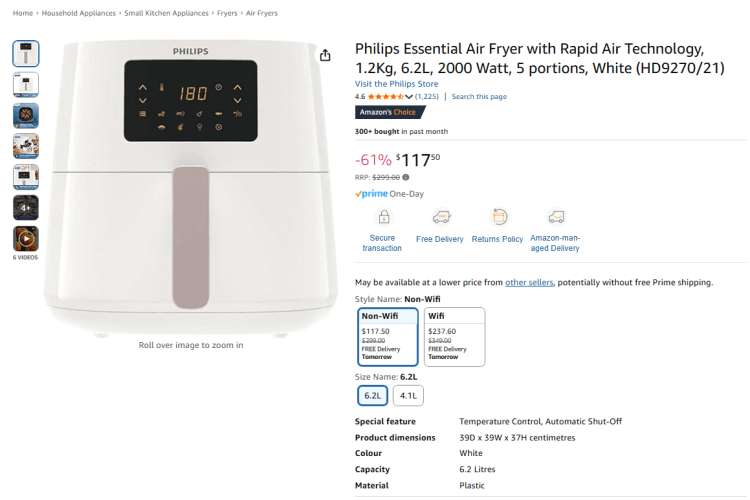 Amazon: Philips Essential Air Fryer 6.2L – 61% off, now $117.50