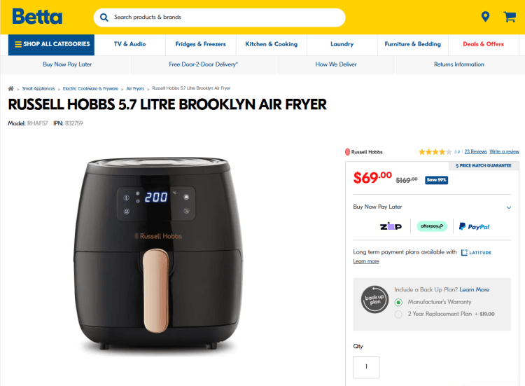 Betta: Russell Hobbs 5.7L Brooklyn Air Fryer – was $169, now $69