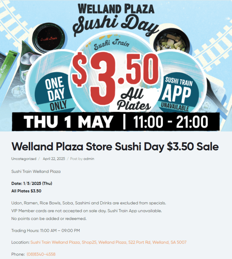 Sushi Train (Welland SA): All Plates $3.50 (1 May 2025)