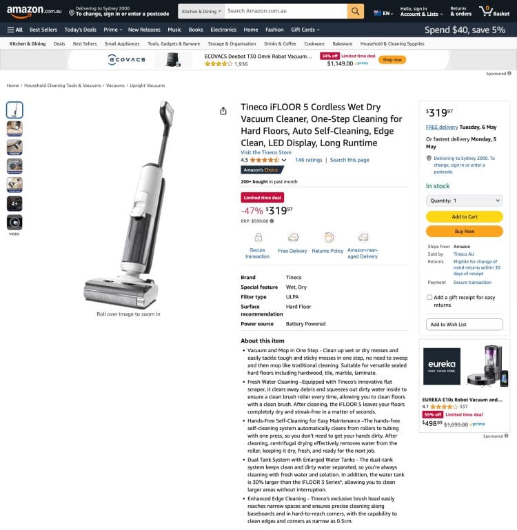 Amazon: Tineco iFLOOR 5 Cordless Wet Dry Vacuum Cleaner – $319 – 47% Off (Limited Time Deal)