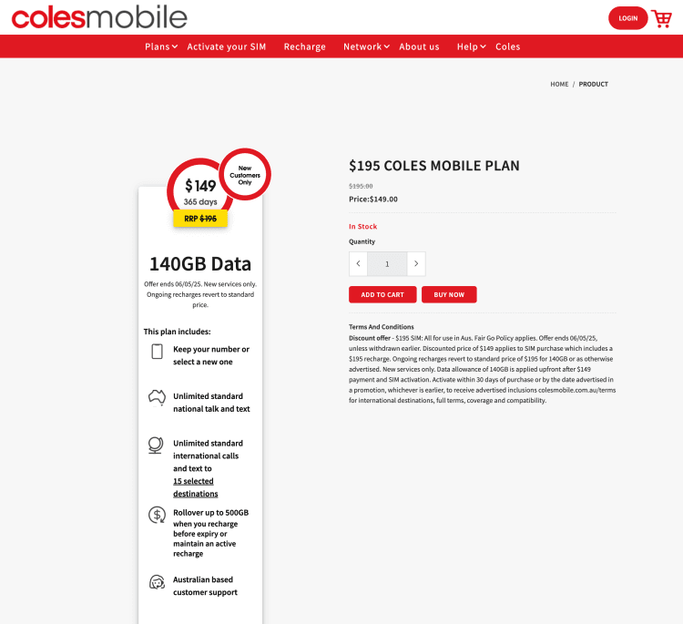 Coles: $195 Coles Mobile Plan – Now $149