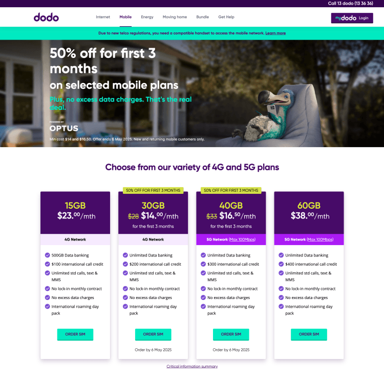 Dodo: 50% off on selected mobile plan for first 3 months