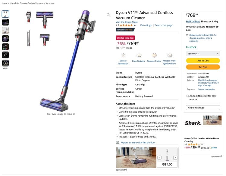 Amazon: Dyson V11 Advanced Cordless Vacuum Cleaner – Now $769 (36% Off)