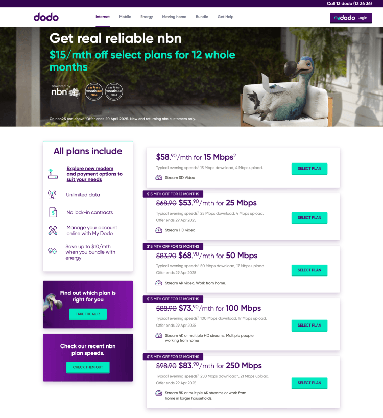 Dodo: $15/mth off on selected NBN plans for 12 months