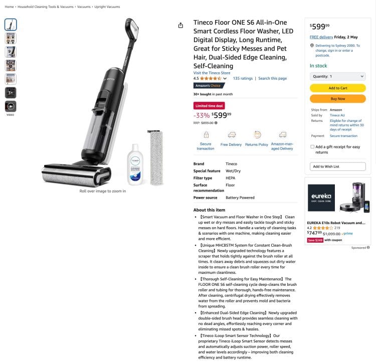 Amazon: Tineco Floor ONE S6 All-in-One Smart Cordless Floor Washer – $599 Only – 33% Off