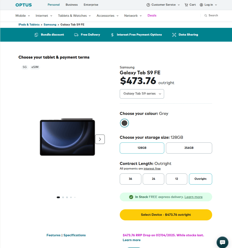Optus: Samsung Galaxy Tab S9 FE Wi-Fi & 5G 128GB (Grey) – 50% off, now $473.76