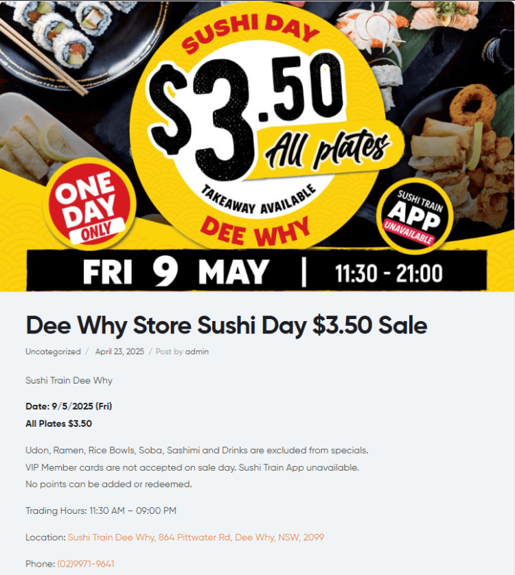 Sushi Train (Dee Why NSW): All Plates $3.50 (9th May 2025)