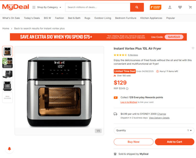 MyDeal: Instant Vortex Plus 10L Air Fryer, now $119 (with code)