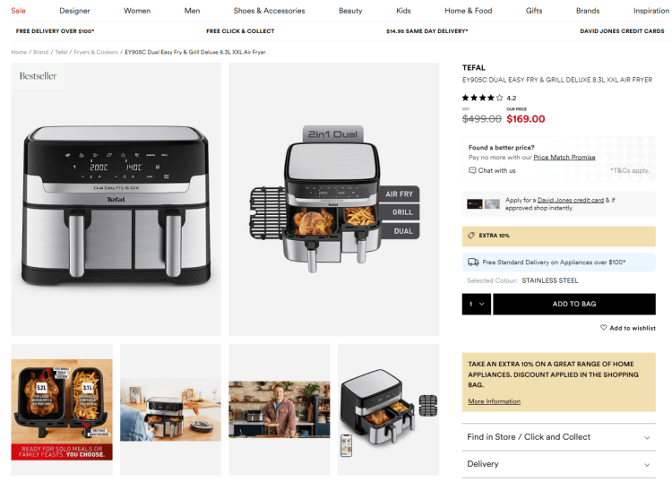 David Jones: Tefal Dual Easy Fry & Grill XXL Air Fryer (EY905C), now $152.10