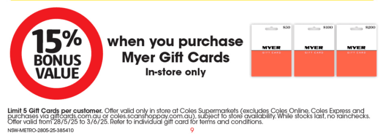 Coles: 15% Bonus Value on Myer Gift Cards
