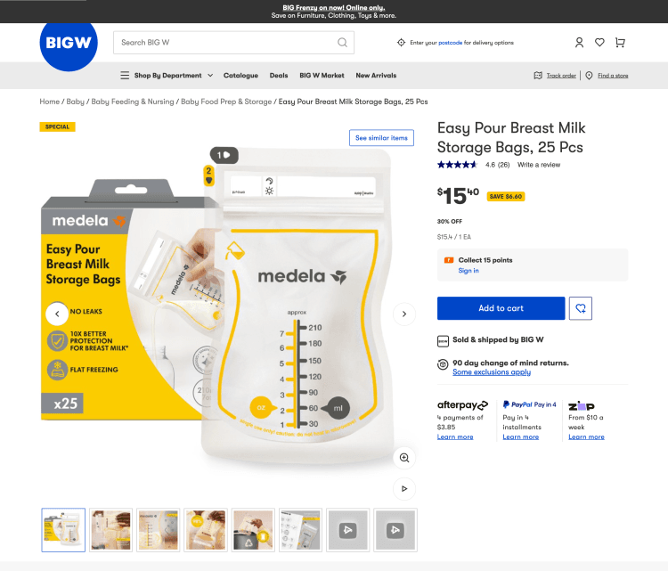 Big W: Easy Pour Breast Milk Storage Bags, 25 Pcs – 30% Off, now $15.40