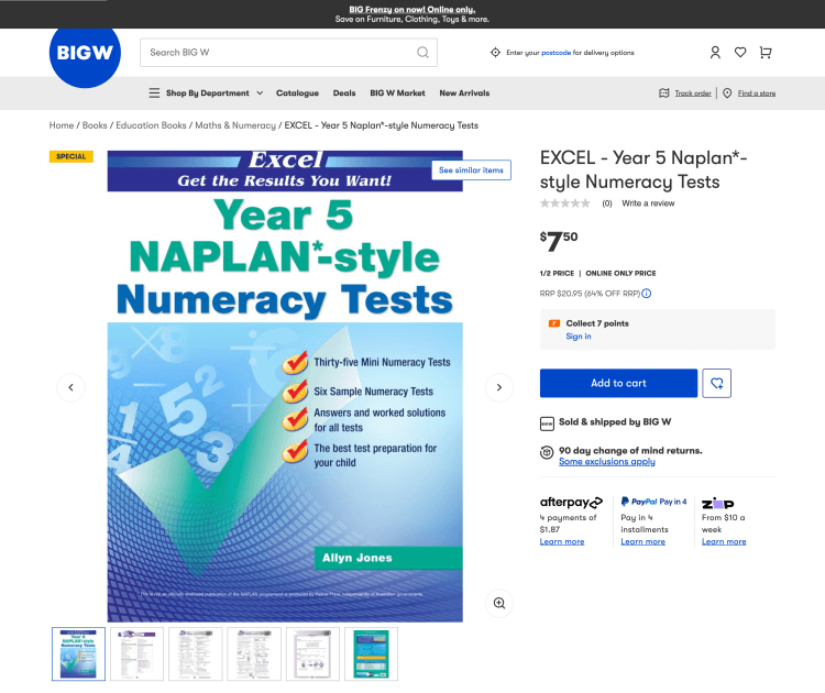 Big W: EXCEL – Year 5 Naplan*-style Numeracy Tests – 1/2 Price – $7.5