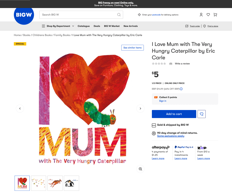 Big W: Book – I Love Mum with The Very Hungry Caterpillar by Eric Carle – 1/2 Price – $5
