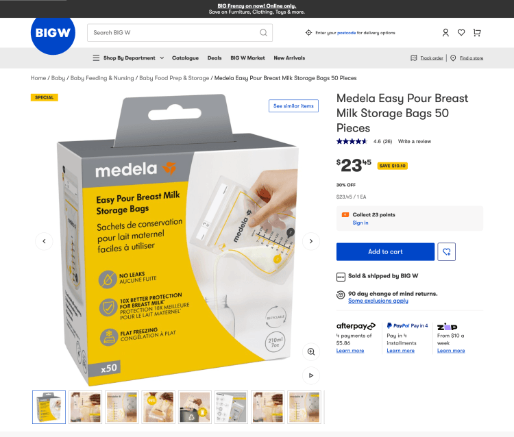 Big W: Medela Easy Pour Breast Milk Storage Bags 50 Pieces – 30% Off, now $23.45