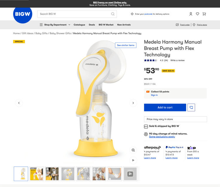 Big W: Medela Harmony Manual Breast Pump with Flex Technology – 30% Off, now $53.90