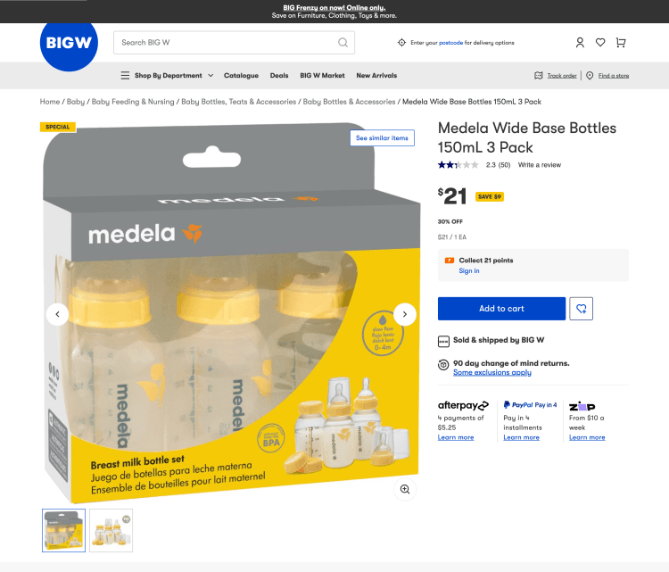 Big W: Medela Wide Base Bottles 150mL 3 Pack – 30% Off, now $21