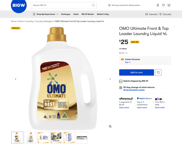 Big W: OMO Ultimate Front & Top Loader Laundry Liquid 4L – $25 – 1/2 Price