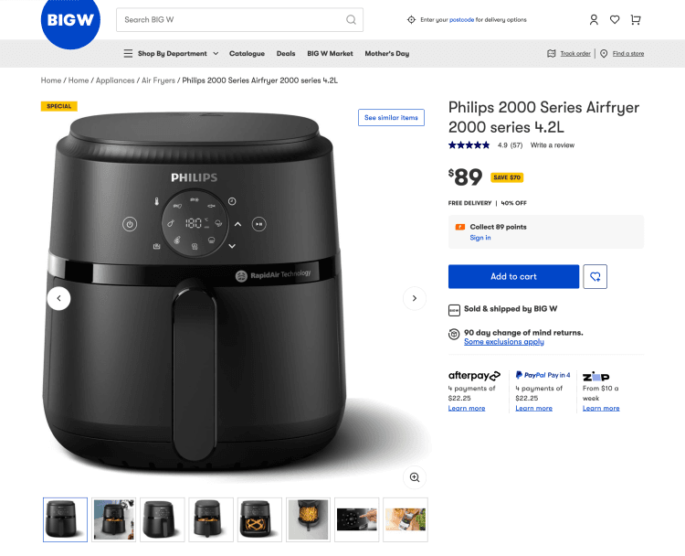Big W: Philips 2000 Series Airfryer 2000 series 4.2L – $89 – 40% Off