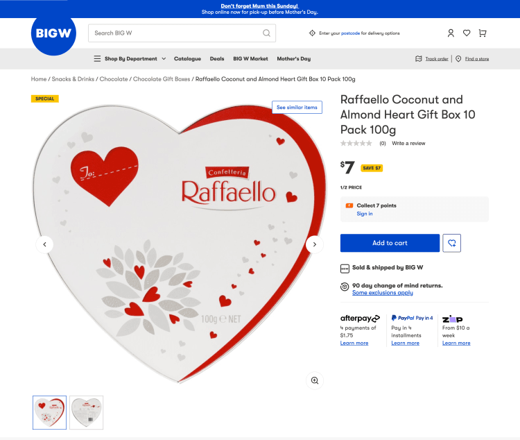 Big W: Raffaello Coconut and Almond Heart Gift Box – 1/2 price – $7