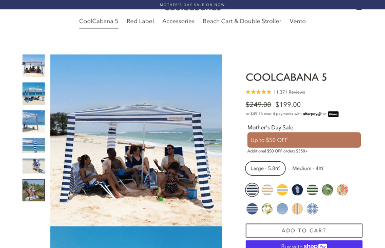 CoolCabanas: Mother’s Day Sale – COOLCABANA 5 – $50 Off, $199 only