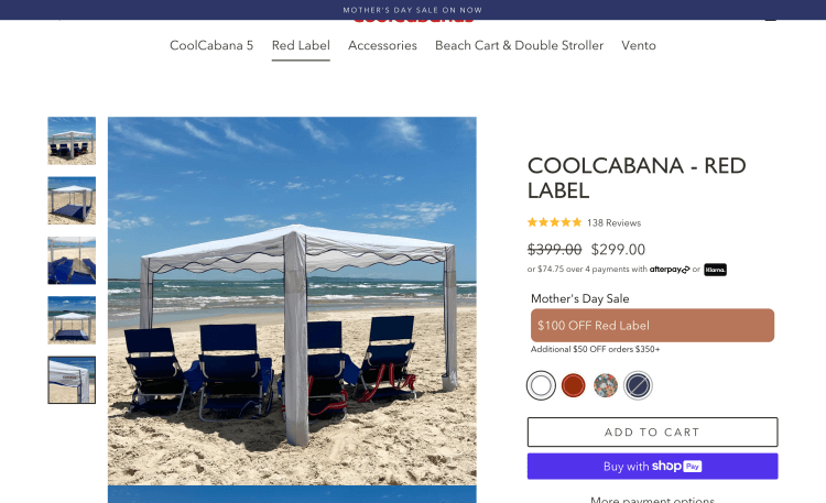 CoolCabanas: Mother’s Day Sale – COOLCABANA – RED LABEL – $100 Off, $299 only