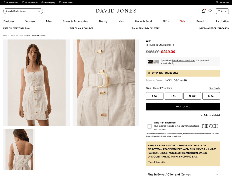 David Jones: AJE Helm Denim Mini Dress – was $455.00, now $249.00