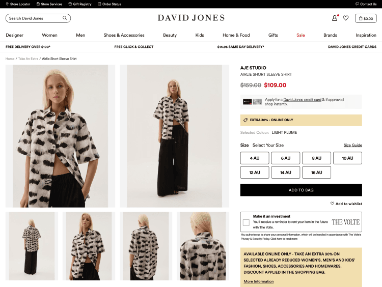 David Jones: AJE STUDIO Airlie Short Sleeve Shirt – was $159, now $109