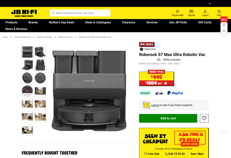 JB Hi-Fi: Roborock S7 Max Ultra Robotic Vacuum – $995