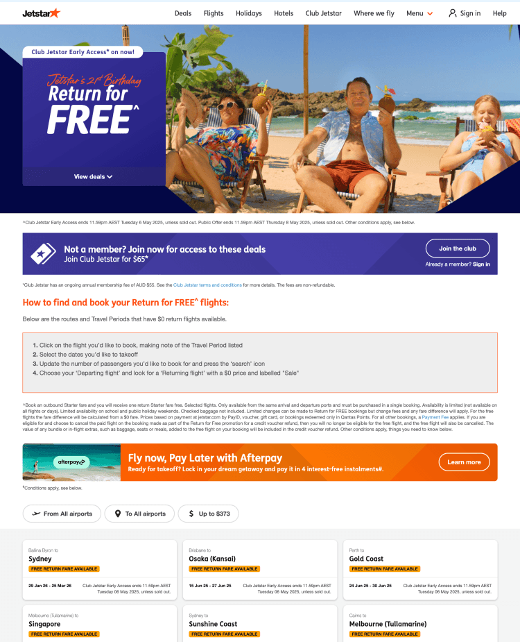 Jetstar: Huge 21st Birthday Return for FREE