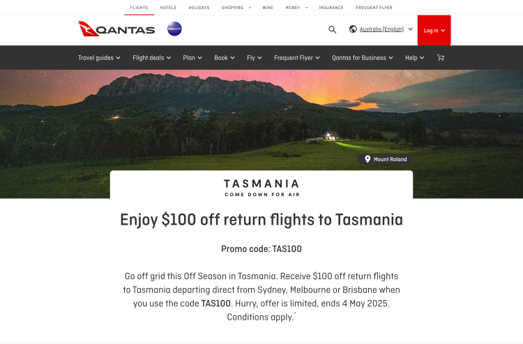 Qantas: $100 off return flights to Tasmania