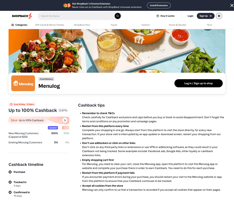 ShopBack: Menulog – Get Up to 100% Cashback