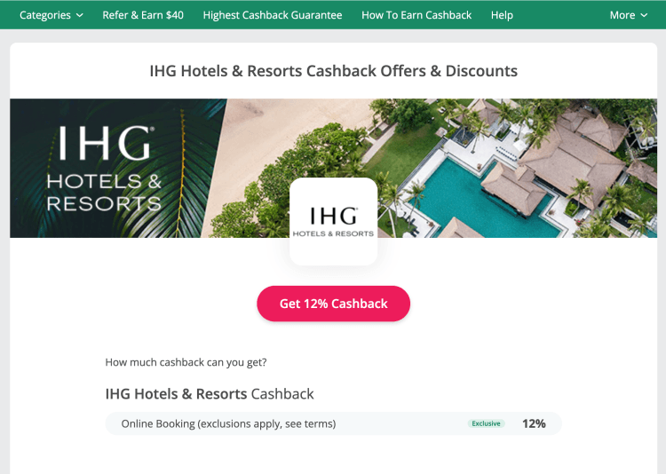 TopCashback: IHG Hotels & Resorts 12% Cashback