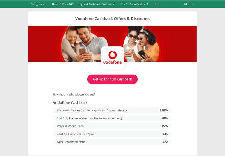 TopCashback: Vodafone Up to 110% Cashback