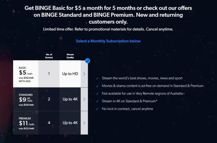 Binge: Birthday Sale $5 a month for 5 months