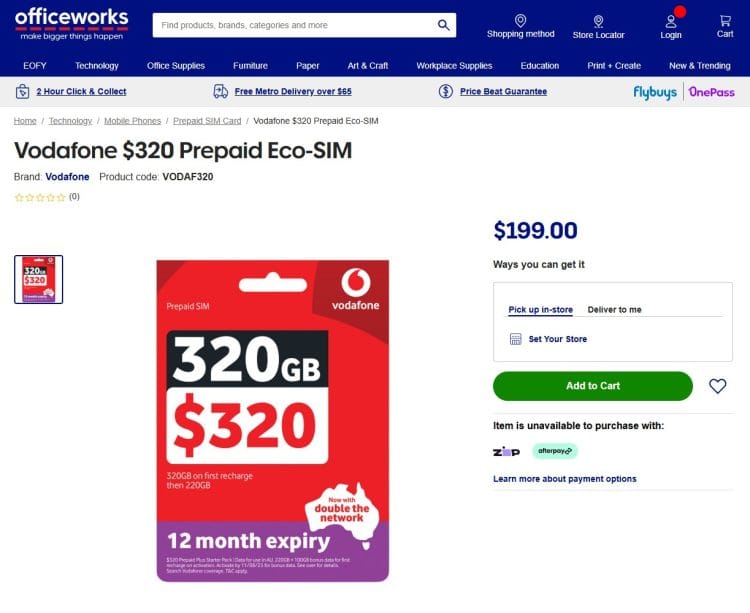 Officeworks: Vodafone 320GB 12 month SIM – $199