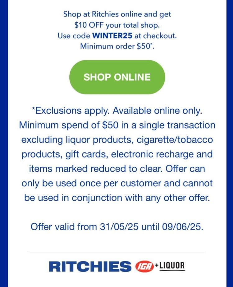 Ritchies IGA (Online): Get $10 off with $50 spend using coupon