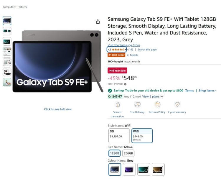 Amazon: Samsung Galaxy Tab S9 FE+ down to $548