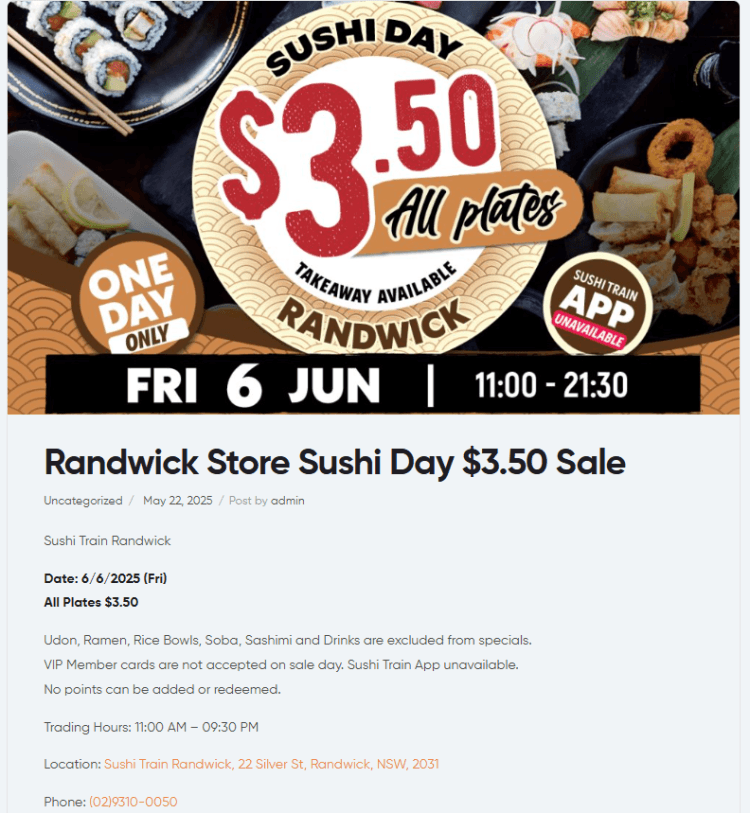 Sushi Train (Randwick): All Plates $3.50 (6 June 2025)