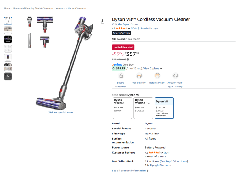 Amazon: Dyson V8 Cordless Stick Vacuum – was $799, now $357