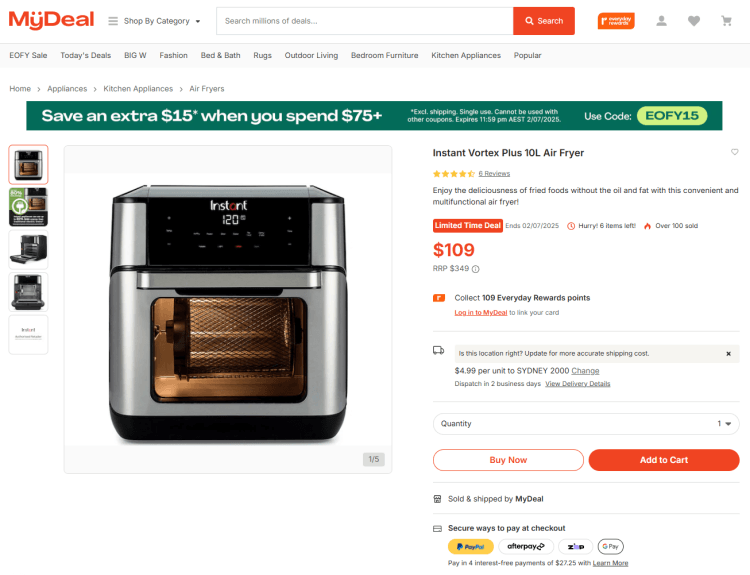 MyDeal: Instant Vortex Plus 10L Air Fryer, now $94 (with code)