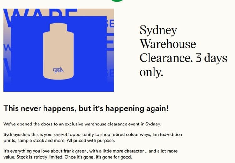 Frank Green (Sydney): Warehouse Clearance (18 July 2025)